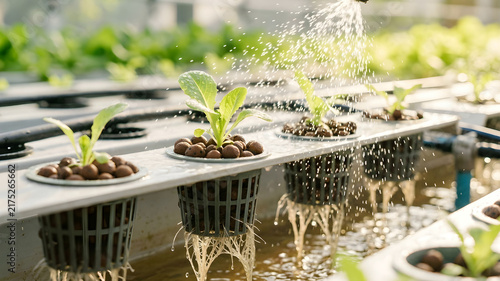 Young plants sprout in hydroponic system getting nourished by gentle rain highlighting synergy