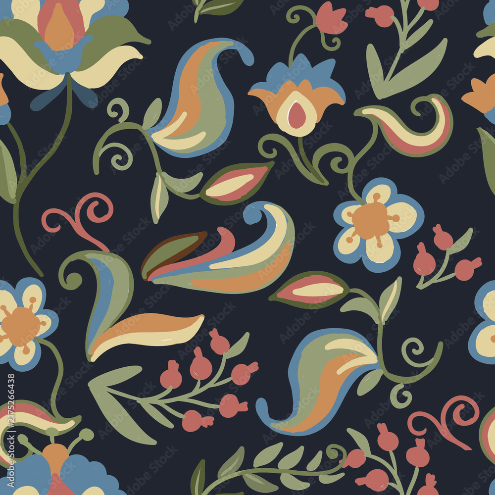 Fototapeta premium Hand drawn floral ornament in folk style. Stylized flowers pattern and traditional folklore embroidery scheme. Handmade jacobean crewel embroidery design element, outline sketch for craft hobby.