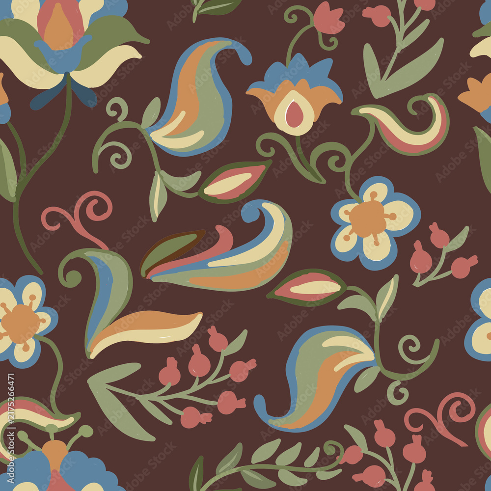 Obraz premium Hand drawn floral ornament in folk style. Stylized flowers pattern and traditional folklore embroidery scheme. Handmade jacobean crewel embroidery design element, outline sketch for craft hobby.