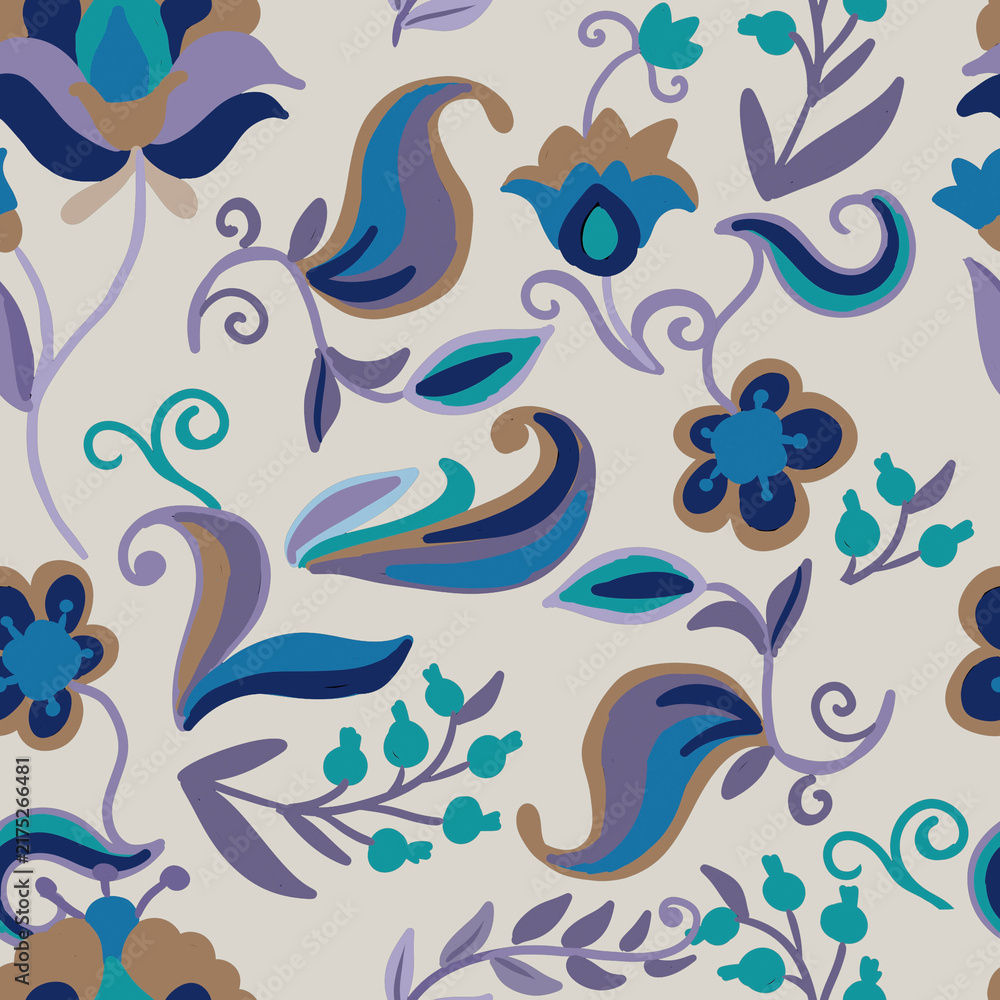 Fototapeta premium Hand drawn floral ornament in folk style. Stylized flowers pattern and traditional folklore embroidery scheme. Handmade jacobean crewel embroidery design element, outline sketch for craft hobby.