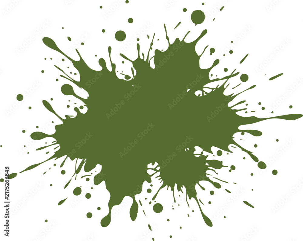 Obraz premium A vibrant olive green paint splatter design featuring dynamic organic shapes and small droplets isolated on a clean white background surface