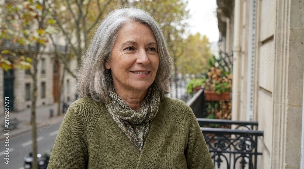 Obraz premium Portrait of a smiling mature woman on a balcony. Senior lady with grey hair in a green sweater looking out over a city street