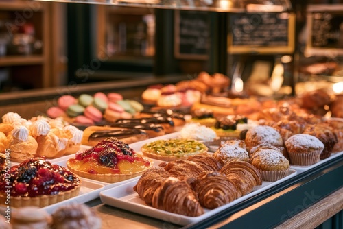 Colorful desserts showcased in a glass pastry case with rich textures and golden glazing