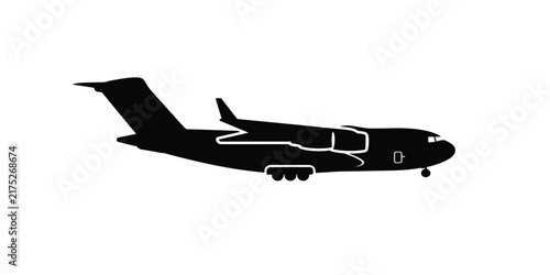 Photography Black silhouette of a large military cargo transport airplane isolated on a plai