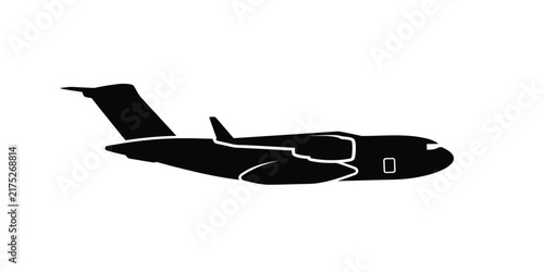 Foto A black silhouette of a heavy military transport aircraft isolated on a plain wh