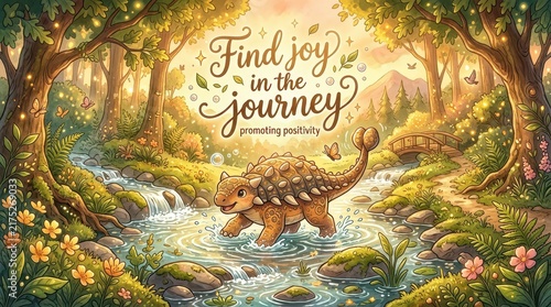 Enchanting forest scene with a friendly dinosaur and inspirational quote 'Find joy in the journey promoting positivity'