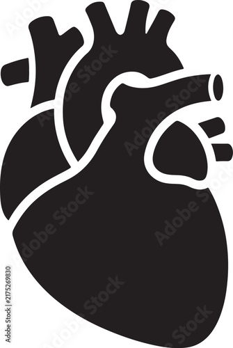 Black and white anatomical heart silhouette icon, detailed cardiovascular organ also transparent background