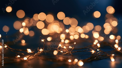 Close-up of string lights on a deep blue backdrop creating twinkling holiday atmosphere