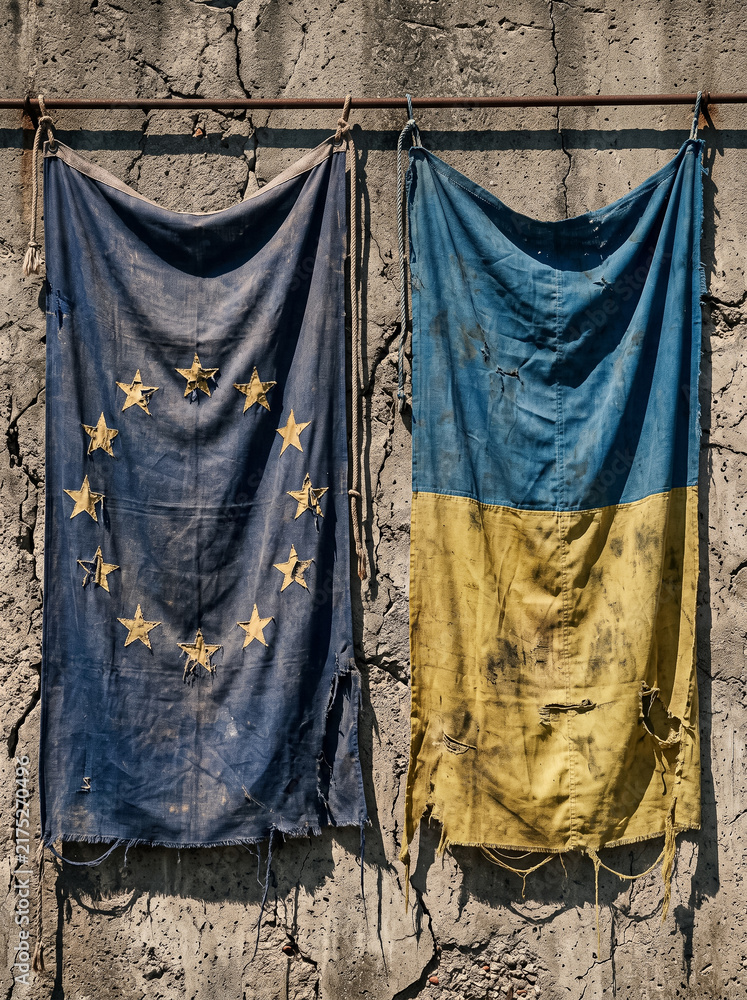 Obraz premium tattered torn flags of european union and ukraine hang side by side on a metal rod against a cracked concrete wall reflecting a difficult period crisis and consequences of prolonged conflict