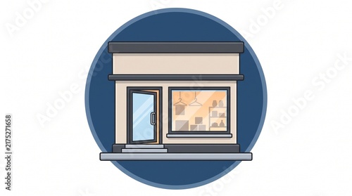 Minimalist flat vector illustration of a modern small boutique storefront with an open door and display window on a circular blue background for retail business, architecture, and shopping concepts