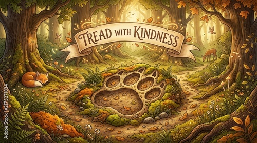 Enchanting forest scene with a sleeping fox, a giant paw print, and a banner reading 