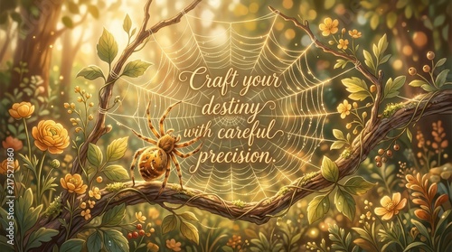 Enchanting forest scene with a spider meticulously crafting its intricate web, surrounded by vibrant flowers and golden sunlight, inspiring themes of