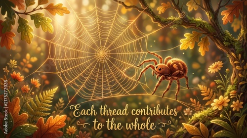 Enchanting forest scene with a spider on its intricate web, bathed in warm golden light amidst autumn foliage and flowers.