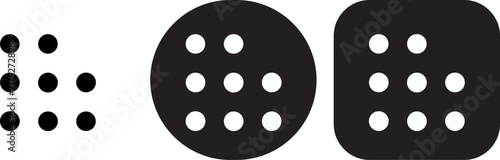 Three variations of a nine dot grid in black and white on white background, for user interface applications