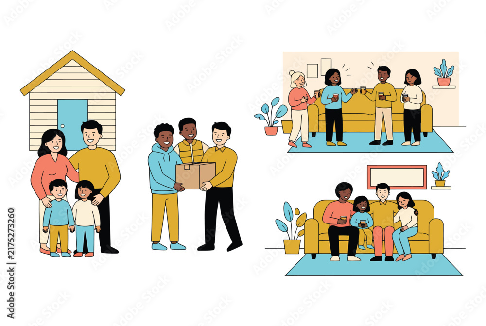 Fototapeta premium Family members moving into a new house, carrying cardboard boxes, talking on a sofa, and relaxing together, flat set