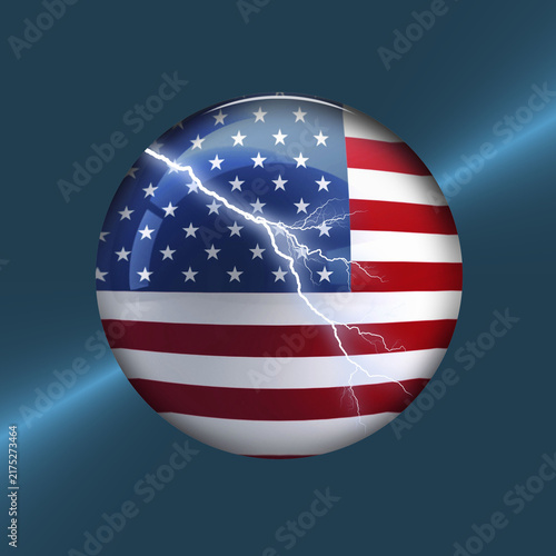 Glossy 3D American flag sphere struck by a bright lightning bolt against a dark blue background. Conceptual image symbolizing political crisis, division, tension, power, or conflict in the USA.