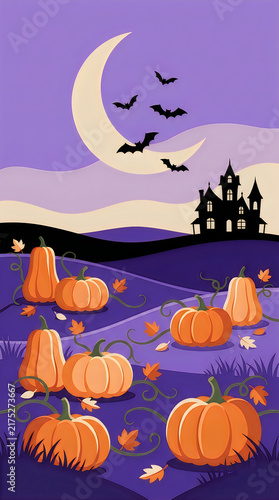 Halloween pumpkins with spooky haunted house under a moonlit sky