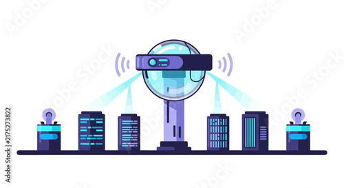 Futuristic VR Headset Scanning Digital Data Center and Cloud Server Racks Vector Illustration
