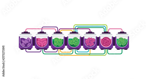 Conceptual Biotech Lab Vats with Synthetic Organs and Interconnected Tubes