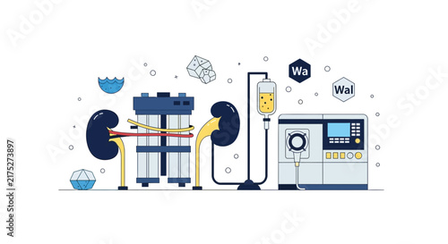 Flat Vector Illustration of Kidney Dialysis System and Renal Healthcare Technology