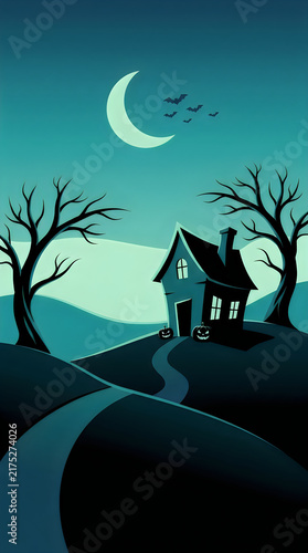 Spooky haunted house on a hill under a crescent moon