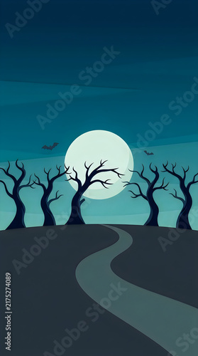 Spooky winding road leading to a full moon at night