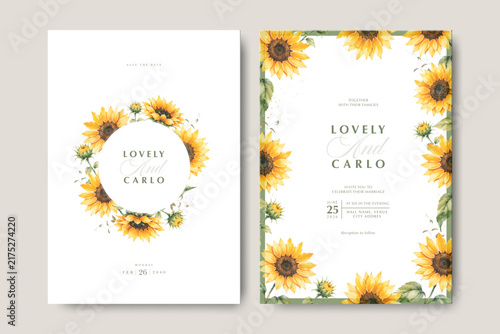 beautiful wedding invitation card with sunflower watercolor