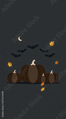 Halloween pumpkins bats and falling leaves dark background