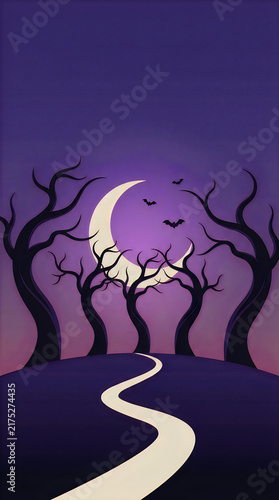 Spooky halloween night scene with crescent moon and winding path