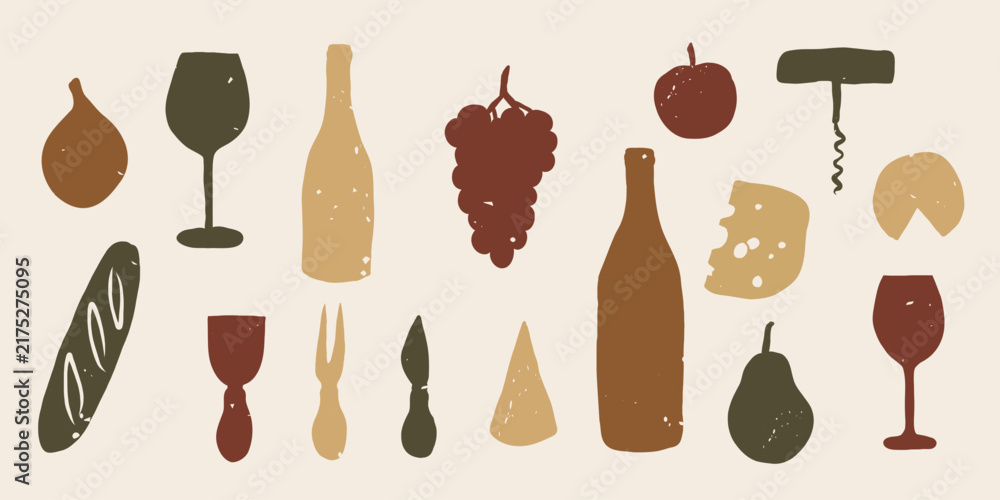 Obraz premium Flat vector textured wine and food elements