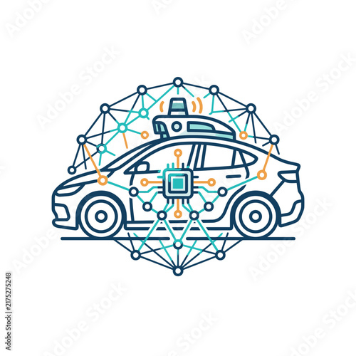 Autonomous car with neural network and microchip icon.