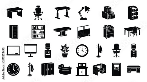 Modern office furniture and workspace equipment icons set in clean black vector graphic style