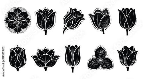 Minimalist tulip flower icons and botanical design elements in black vector graphic style