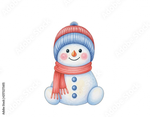 赤いマフラーとニット帽を着たかわいい雪だるまの色鉛筆イラスト