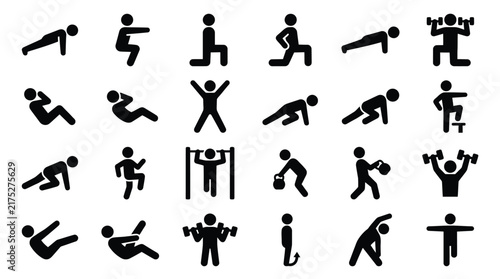 Fitness and gym exercise pose icons set featuring stick figure training movements in black
