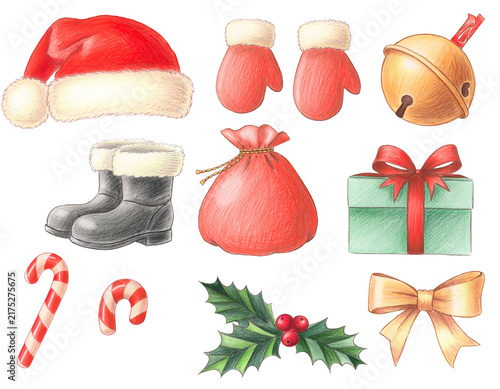 サンタ帽やプレゼントなどかわいい手描きクリスマス小物イラストセット