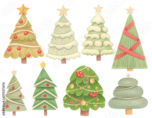 デザイン違いのかわいい手描きクリスマスツリーイラスト8点セット