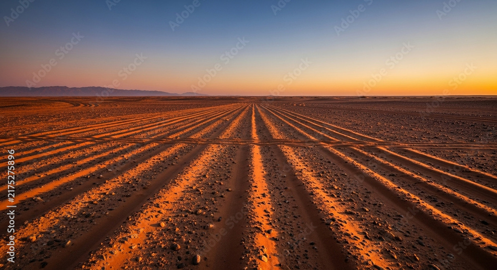 Obraz premium Stunning golden hour landscape showcasing deep tyre tracks stretching across an expansive barren terrain under a vibrant sunset sky creating a dramatic perspective and sense of endless