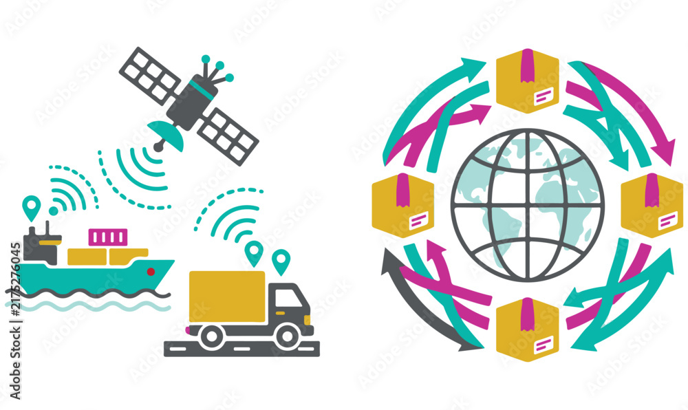 Naklejka premium Global logistics vector illustration set with satellite tracking cargo ship and delivery truck alongside worldwide shipping globe icon