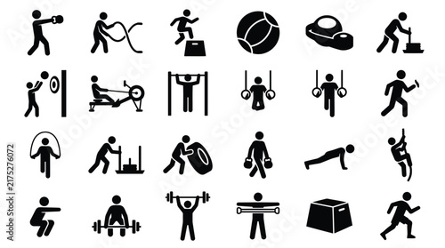 Vector icon set featuring functional fitness movements and high intensity interval training tools