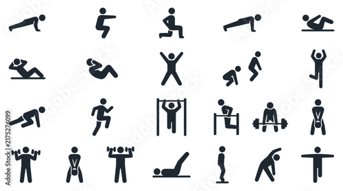 Collection of black silhouette icons depicting essential calisthenics and bodyweight exercises