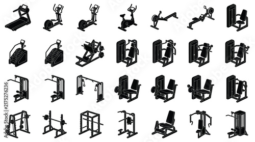 Professional gym cardio and strength machine icons for fitness facility equipment layout