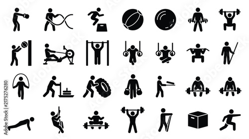 Dynamic fitness movement and exercise technique icons for workout guides and training
