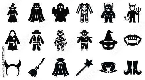 Assorted halloween costume and dress up silhouette icons for festive party design