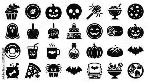 Delicious halloween themed food and snack silhouette icons for holiday menus