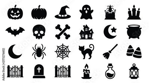 Collection of halloween theme black silhouette icons for seasonal graphic design and web layouts