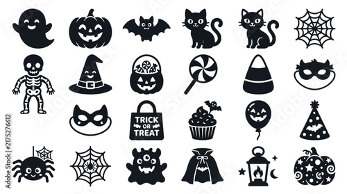 Fun halloween party icon set with pumpkins ghosts candy and trick or treat themed illustrations