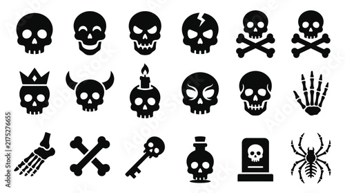 Spooky skull and bones silhouette icon set for macabre halloween and gothic aesthetic designs