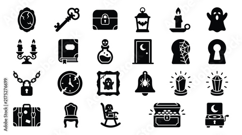 Mysterious haunted house and gothic decor icon set for halloween themed digital design projects