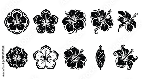 Black silhouette icons of hibiscus flowers for tropical graphic design and branding assets